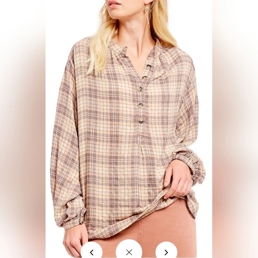 Free People Northern Bound Pullover in Beige Plaid Size XS